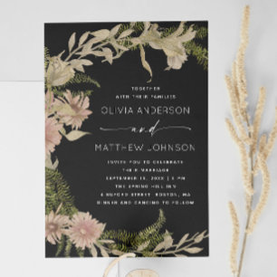 Elegant Black Botanical Wedding   Floral Fern + QR Invitation