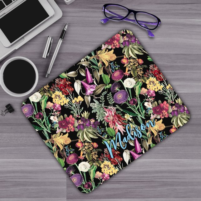 Elegant Black Botanical Wildflower Pattern Mouse Pad (Creator Uploaded)