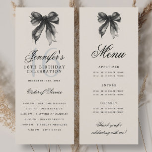 Elegant Black Bow 16th Birthday Party Program Menu Invitation