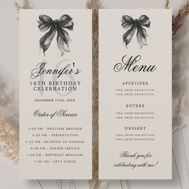 Elegant Black Bow 16th Birthday Party Program Menu Invitation (Elegant Black Bow 16th Birthday Party Program Menu)