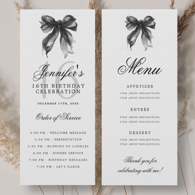 Elegant Black Bow 16th Birthday Party Program Menu Invitation (Elegant Black Bow 16th Birthday Party Program Menu)