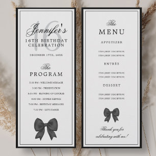 Elegant Black Bow 16th Birthday Program Menu  Invitation
