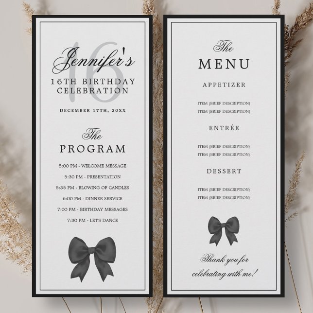 Elegant Black Bow 16th Birthday Program Menu  Invitation (Elegant Black Bow 16th Birthday Program Menu )