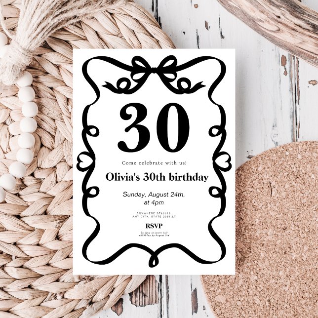 Elegant black bow 30th birthday invitation (Creator Uploaded)