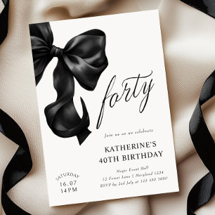 Elegant Black Bow 40th Birthday  Invitation