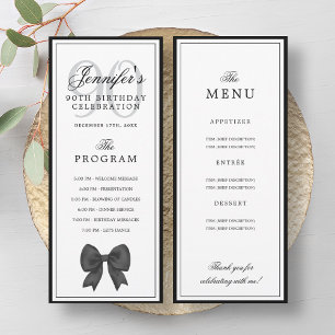 Elegant Black Bow 90th Birthday Program + Menu  Invitation