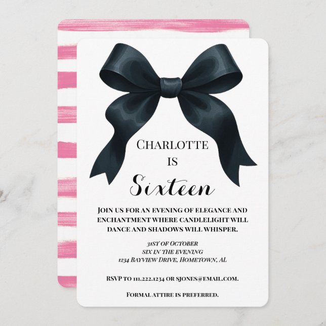 Elegant Black Bow Birthday Invite - Pink Stripe (Front/Back)