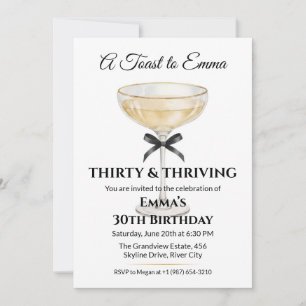 Elegant Black Bow & Champagne 30th Birthday Party Invitation