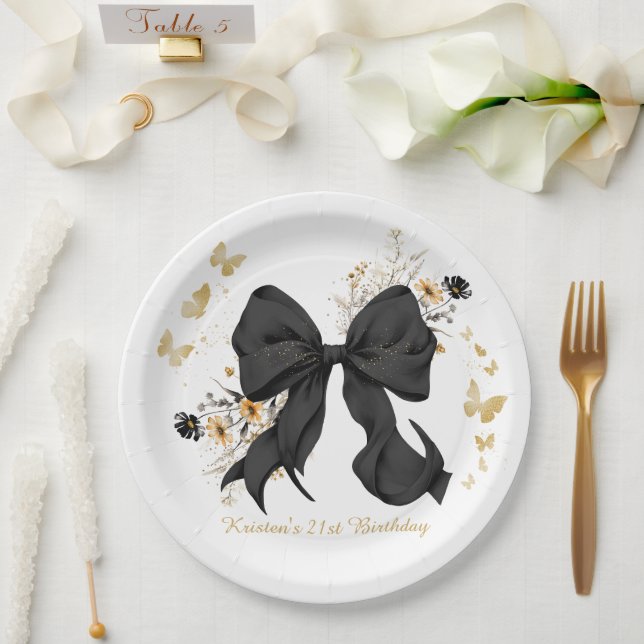 Elegant Black Bow Coquette Wildflowers Paper Plate (Wedding)