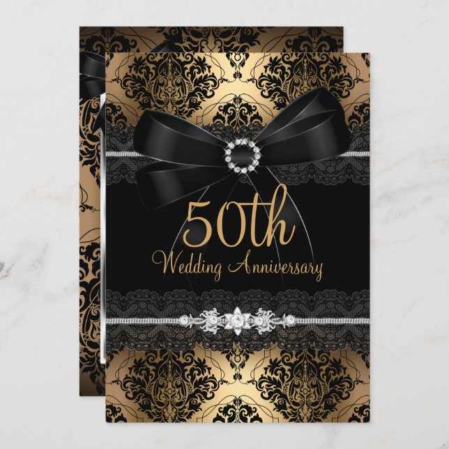 Elegant Black Bow Damask Gold 50th Anniversary 2 Invitation (Front/Back)