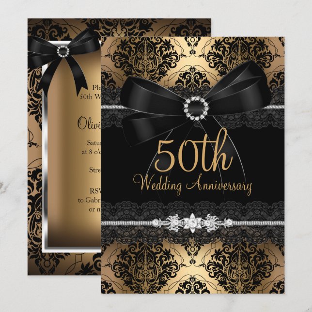 Elegant Black Bow & Damask Gold 50th Anniversary 2 Invitation (Front/Back)