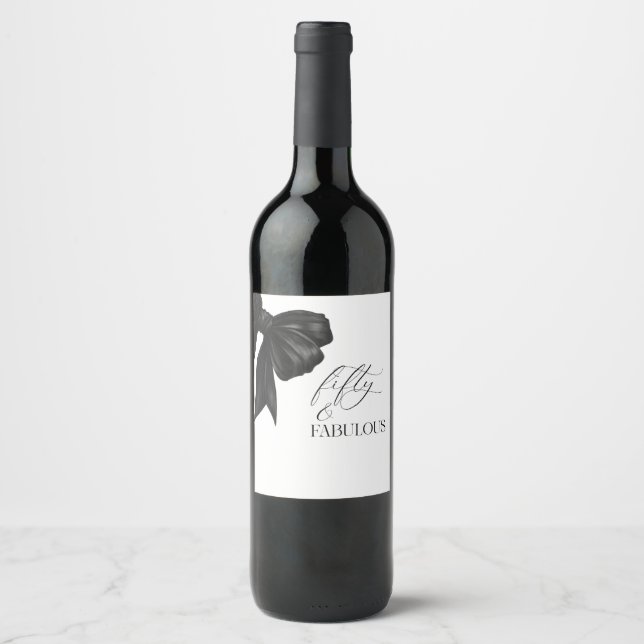 Elegant Black Bow Fifty and Fabulous Wine Label (Front)