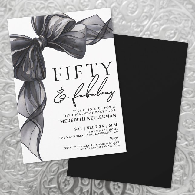 Elegant Black Bow Fifty & Fabulous 50th Birthday Invitation (Elegant Black Bow Fifty & Fabulous 50th Birthday Invitation)