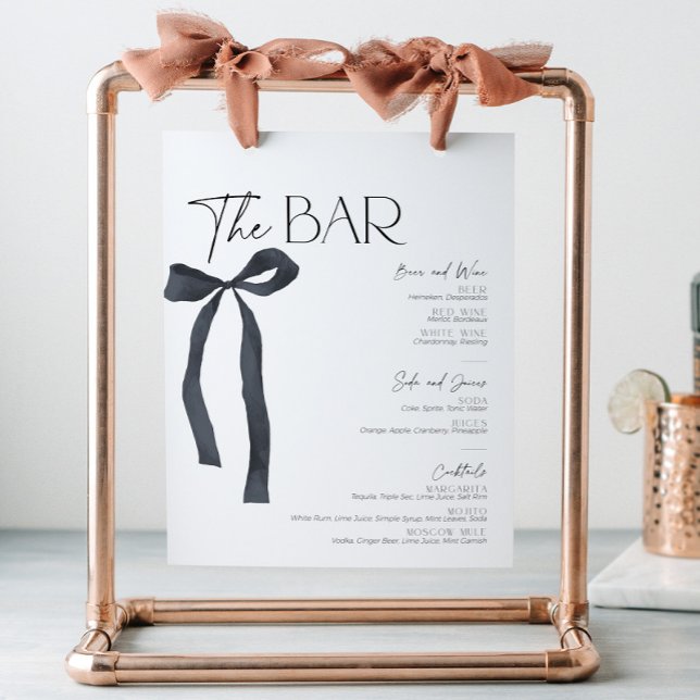 Elegant Black Bow Gothic Bride Bar Menu Cocktail Pedestal Sign (Elegant bar menu sign with blak bow)