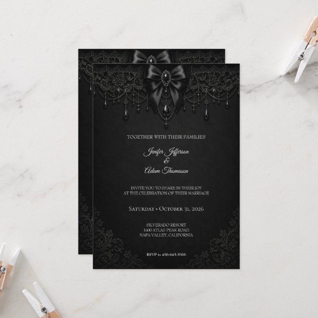 Elegant Black Bow Gothic Halloween Wedding Invitation (Front/Back In Situ)