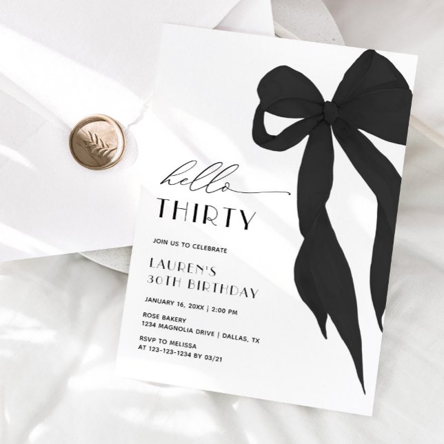 Elegant Black Bow Hello Thirty 30th Birthday Invitation (Creator Uploaded)