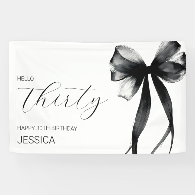 Elegant Black Bow Hello Thirty 30th Birthday Party Banner (Horizontal)