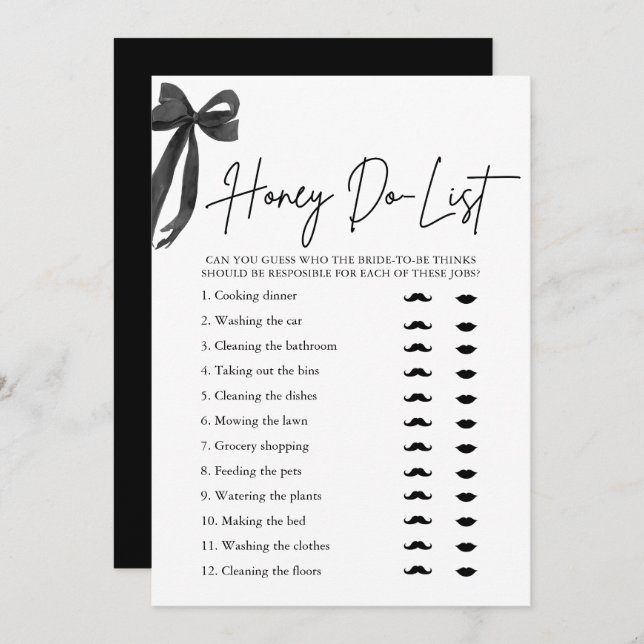 Elegant Black Bow Honey Do List Bridal Shower Game Invitation (Front/Back)