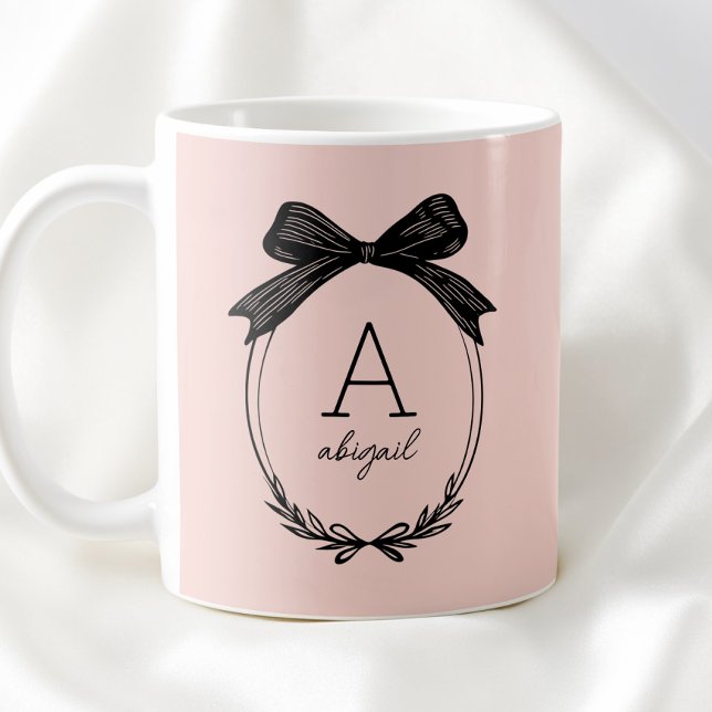 Elegant Black Bow Initial Chic Blush Pink Monogram Coffee Mug (Elegant Black Bow Initial Chic Blush Pink Monogram Coffee Mug)