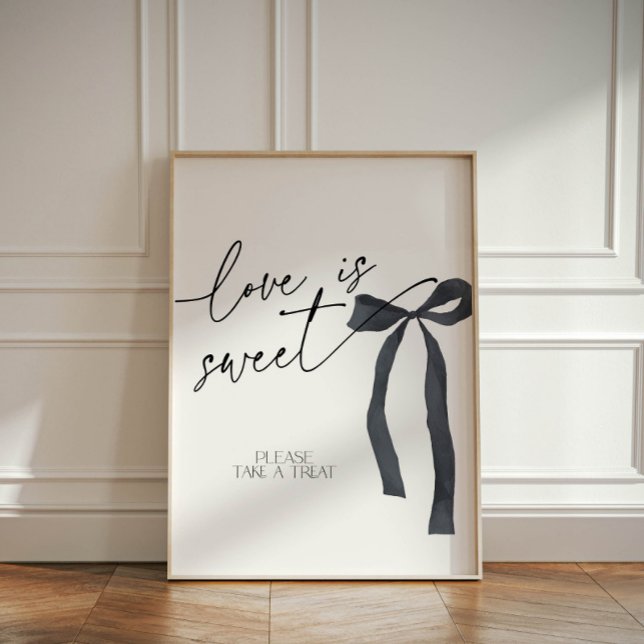 Elegant Black Bow Love is Sweet Dessert Treats Pedestal Sign (Love is Sweet, please take a treat sign with elegant black bow for a wedding dessert table)