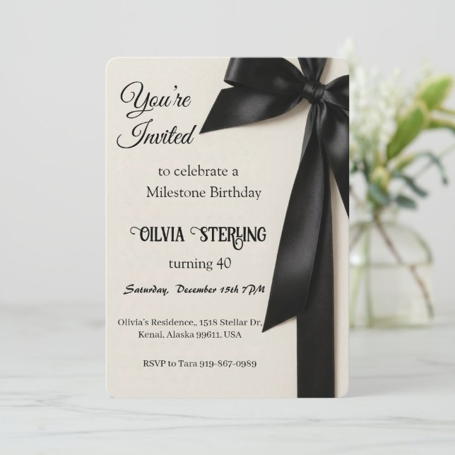 Elegant Black Bow Milestone Birthday Invitation  (Standing Front)