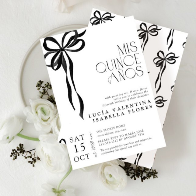 Elegant Black Bow Mis Quince Años QR Quinceañera  Invitation (Creator Uploaded)