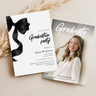 Elegant Black Bow Modern Photo Graduation Party Invitation