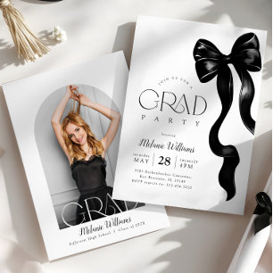 Elegant Black Bow Photo Grad Party Invitation