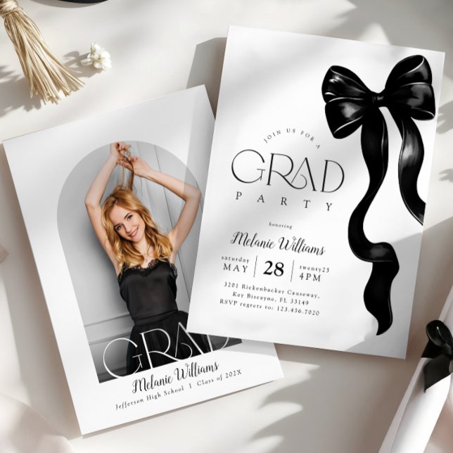 Elegant Black Bow Photo Grad Party Invitation (Creator Uploaded)