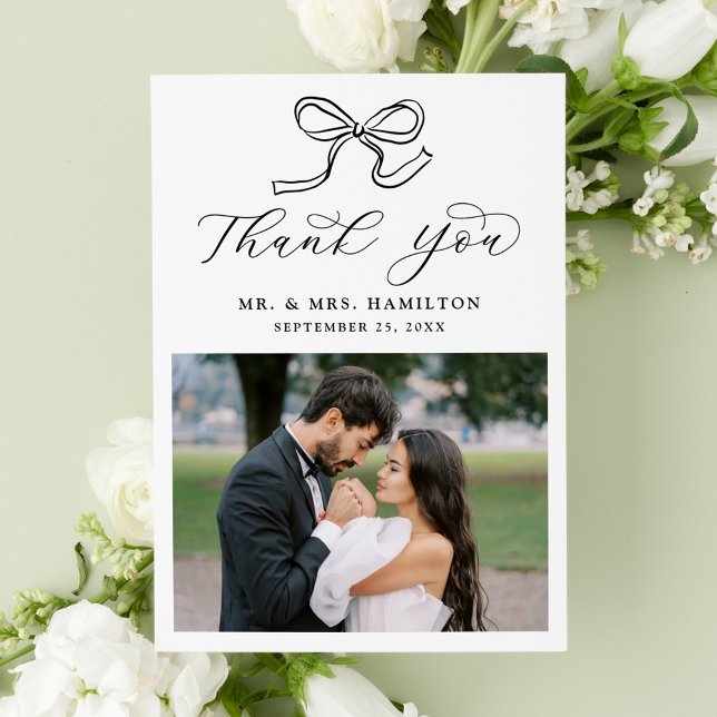 Elegant Black Bow Photo Wedding Thank You Card (Creator Uploaded)