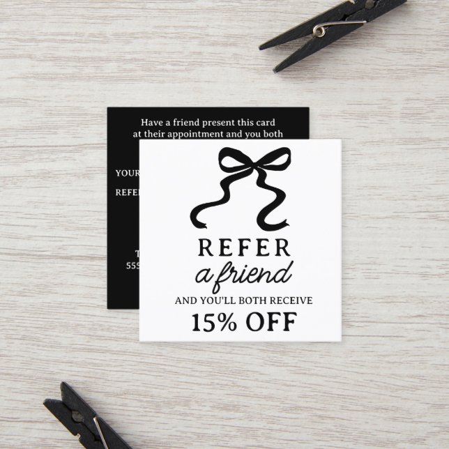 Elegant black bow square elegant referral card (Front/Back In Situ)
