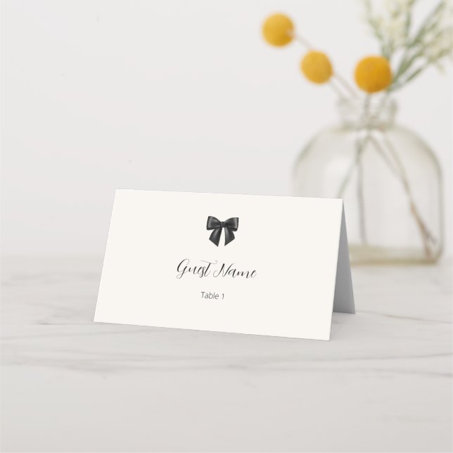 Elegant Black Bow Wedding Folded Place Cards (Front)
