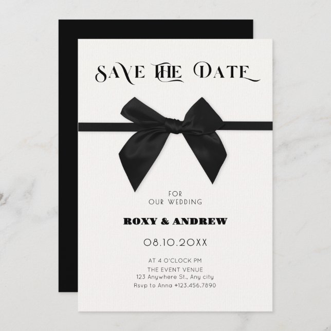 Elegant black bow wedding save the date (Front/Back)