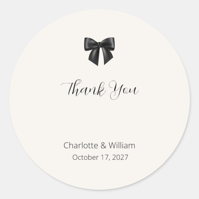 Elegant Black Bow Wedding Thank You Sticker (Front)