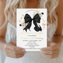 Elegant Black Bow Wildflowers Invitation Gold