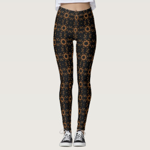 Elegant Black Bronze Floral Lattice Pattern Leggings