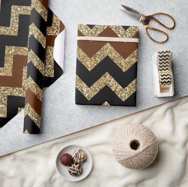 Elegant black &brown gold glitter chevron pattern wrapping paper (Crafts)
