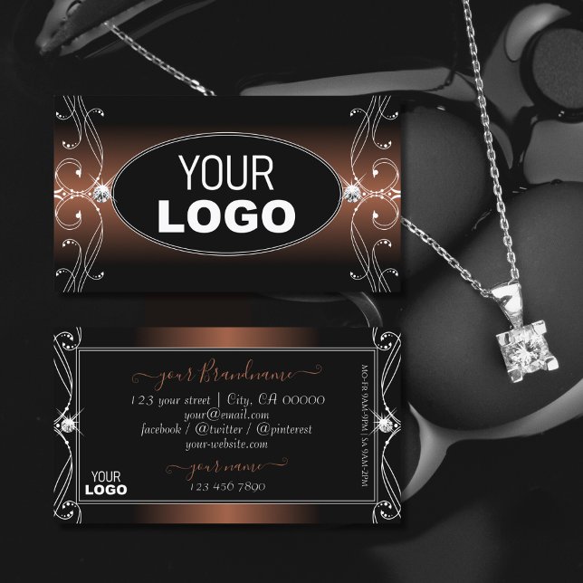 Elegant Black Brown Ornate Sparkle Jewels Add Logo Business Card (Creator Uploaded)