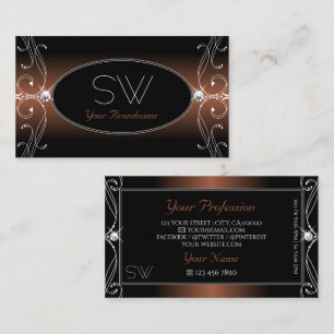 Elegant Black Brown Ornate Sparkle Jewels Monogram Business Card