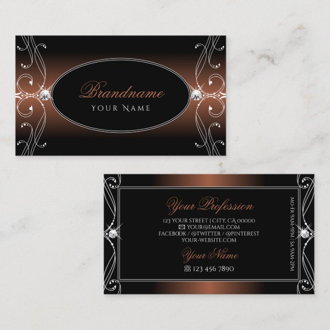 Elegant Black Brown Ornate Sparkle Jewels Stylish Business Card (Front/Back)