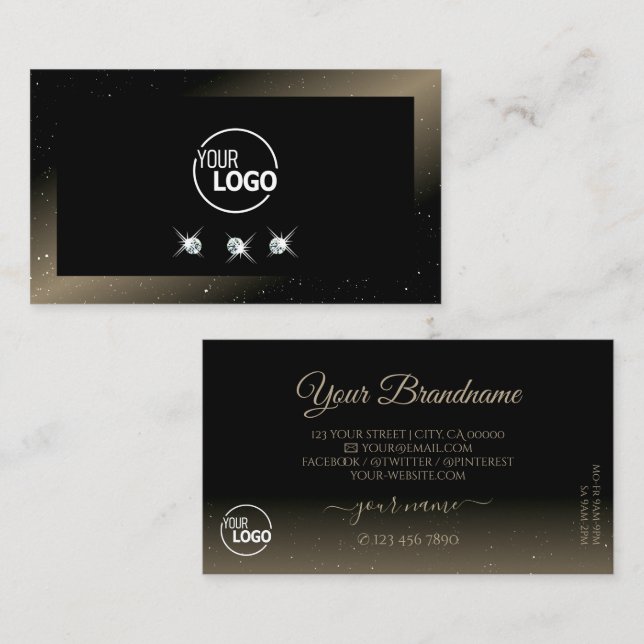 Elegant Black Brown Sparkling Diamonds with Logo Business Card (Front/Back)