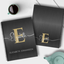 Elegant Black Brushed Metal Gold Monogram Script