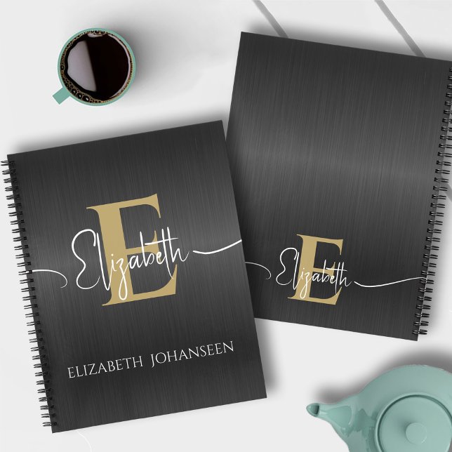 Elegant Black Brushed Metal Gold Monogram Script Notebook (Creator Uploaded)