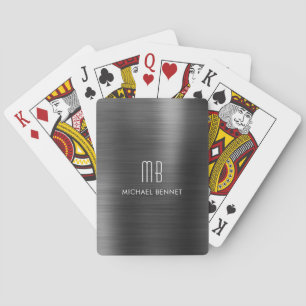 Elegant Black Brushed Metallic Monogram Name Playing Cards