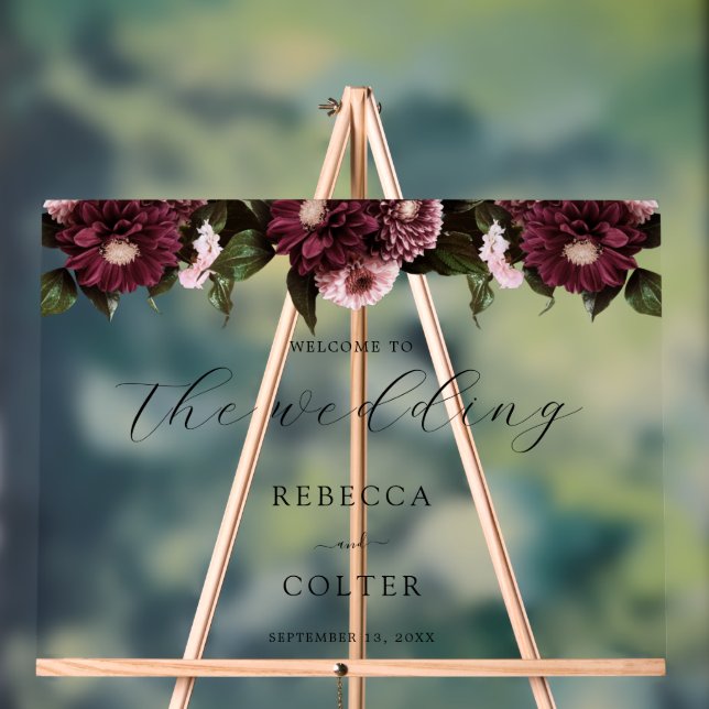 Elegant Black Burgundy Floral Wedding Acrylic Sign (Neutral)