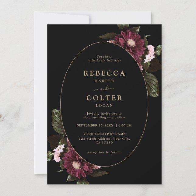 Elegant Black Burgundy Floral Wedding  Invitation (Front)