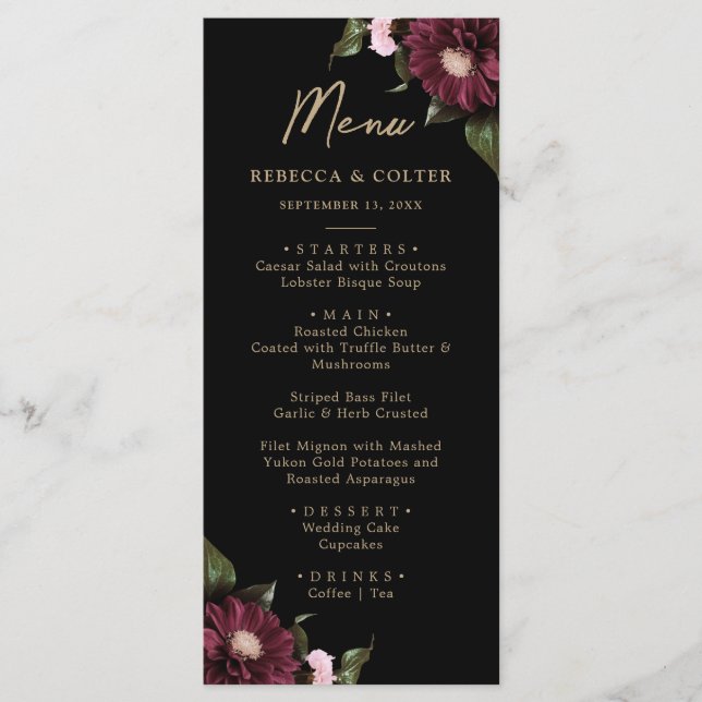 Elegant Black Burgundy Floral Wedding Menu (Front)