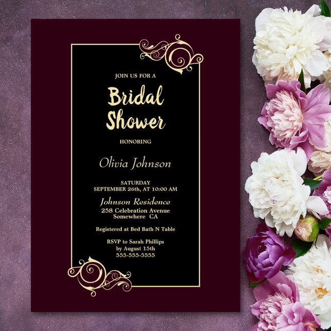 Elegant Black Burgundy Gold Bridal Shower Invitation (Creator Uploaded)