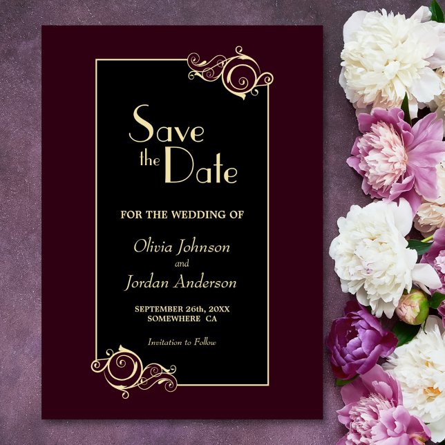 Elegant Black Burgundy Gold Wedding Save The Date (Creator Uploaded)