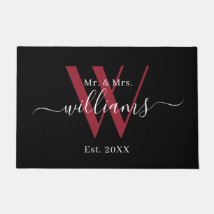 Elegant Black Burgundy Mr And Mrs Monogram Name Doormat